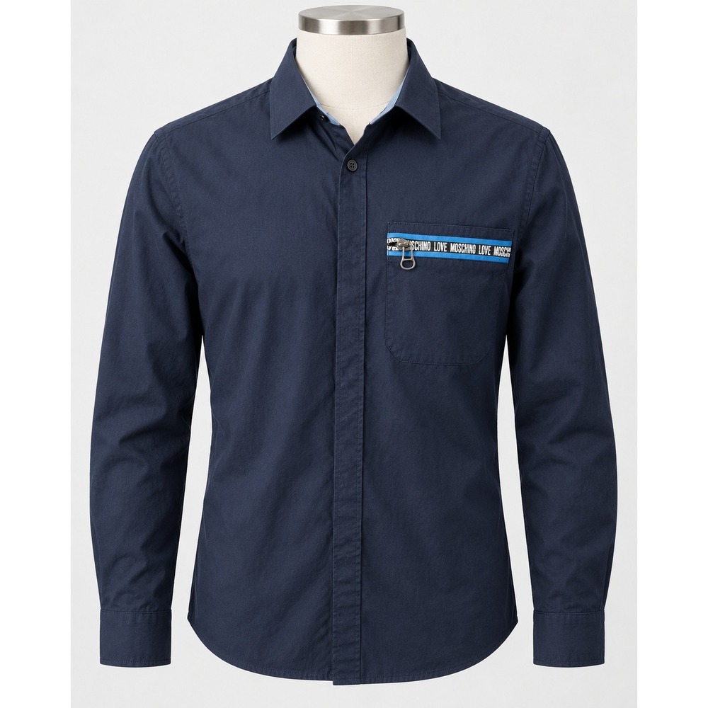 Love Moschino Mens Navy Blue Logo Tape Zip Pocket Cotton Button Up Shirt Small